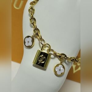New, Gold Plated Charm Bracelet, LV Double Sided Padlock Zip Pull